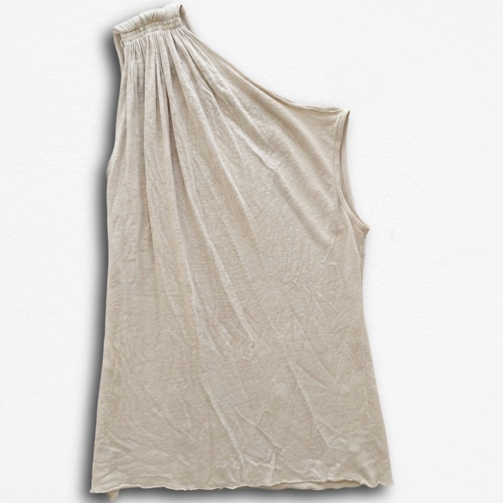 Deletta Anthropologie One Shoulder Draped Top Oatmeal Beige Asymmetric Pleated M